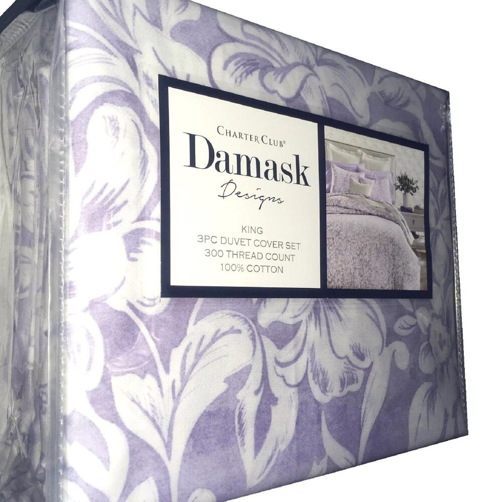 new WHITE + LILAC Charter Club Damask Designs Cotton KING Duvet Cover & 2 Shams